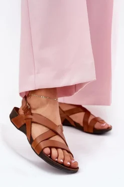 Płaskie Skórzane Sandały Damskie Zazoo 40032 Brązowe