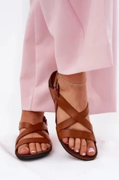 Płaskie Skórzane Sandały Damskie Zazoo 40032 Brązowe