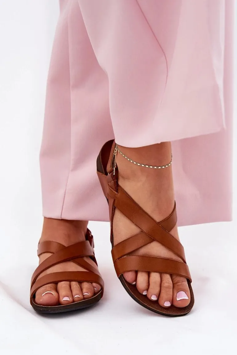 Płaskie Skórzane Sandały Damskie Zazoo 40032 Brązowe