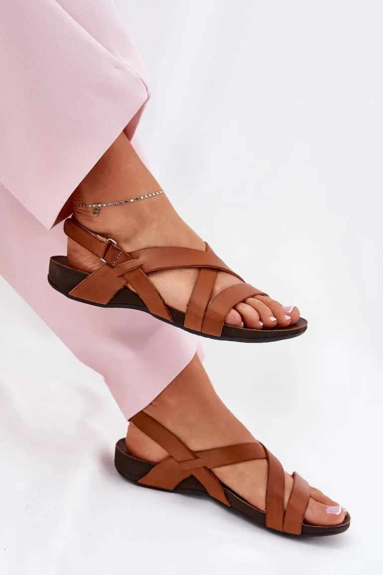 Płaskie Skórzane Sandały Damskie Zazoo 40032 Brązowe