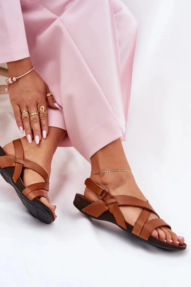 Płaskie Skórzane Sandały Damskie Zazoo 40032 Brązowe