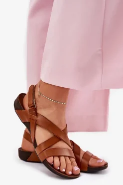 Płaskie Skórzane Sandały Damskie Zazoo 40032 Brązowe