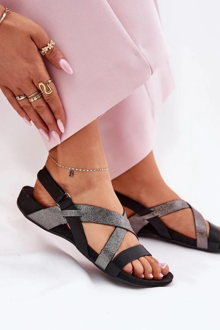 Płaskie Skórzane Sandały Damskie Zazoo 40032 Czarne