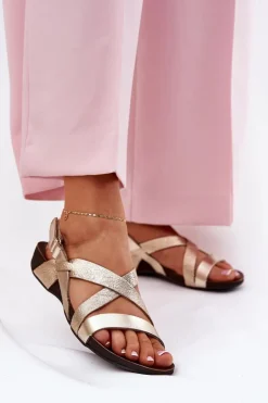 Płaskie Skórzane Sandały Damskie Zazoo 40032 Złote