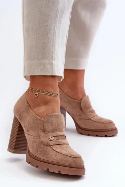 Półbuty Damskie Eko Zamszowe Na Słupku Beżowe Larmaves