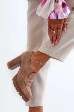 Półbuty Damskie Eko Zamszowe Na Słupku Beżowe Larmaves