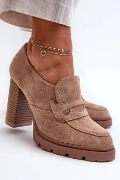 Półbuty Damskie Eko Zamszowe Na Słupku Beżowe Larmaves