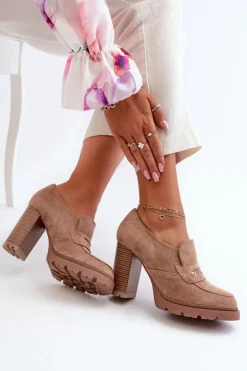 Półbuty Damskie Eko Zamszowe Na Słupku Beżowe Larmaves