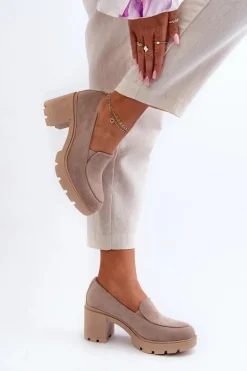 Półbuty Damskie Eko Zamszowe Na Obcasie i Platformie Beżowe Arablosa