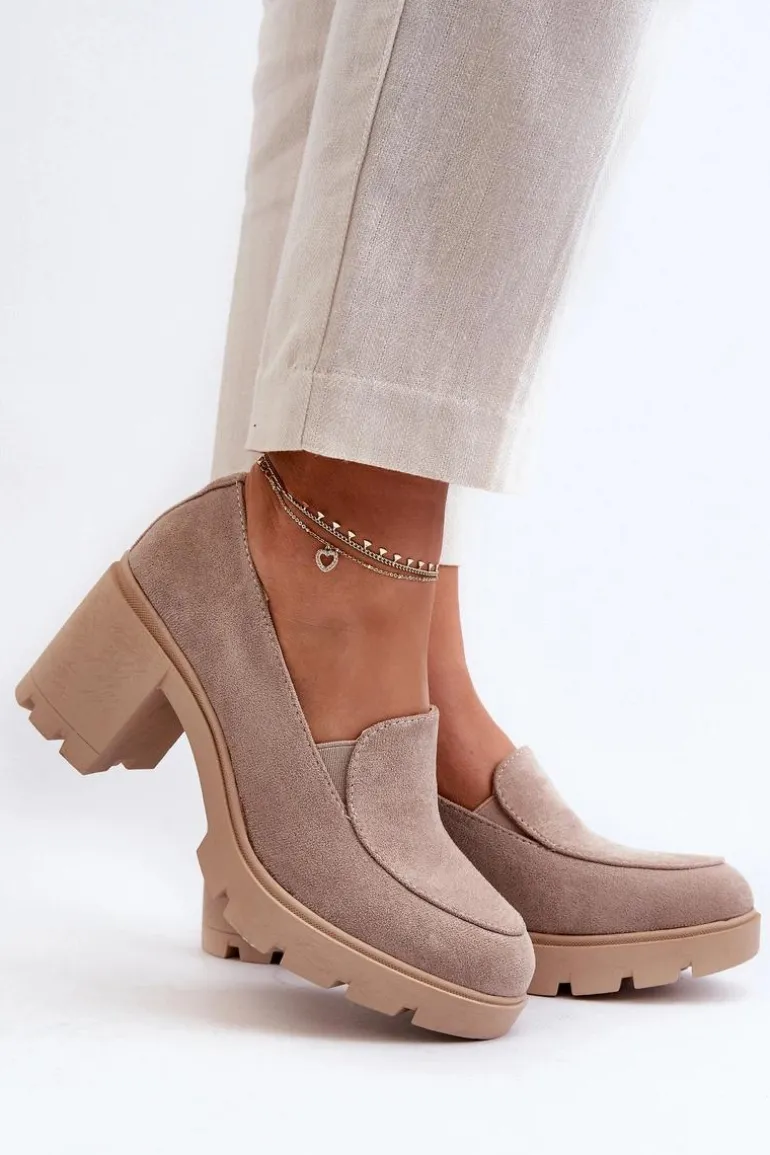 Półbuty Damskie Eko Zamszowe Na Obcasie i Platformie Beżowe Arablosa