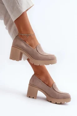 Półbuty Damskie Eko Zamszowe Na Obcasie i Platformie Beżowe Arablosa