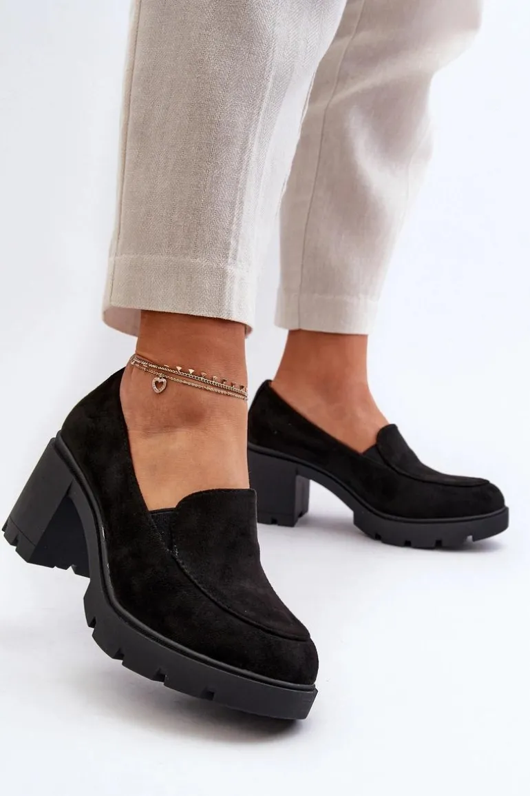 Półbuty Damskie Eko Zamszowe Na Obcasie i Platformie Czarne Arablosa