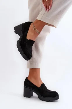 Półbuty Damskie Eko Zamszowe Na Obcasie i Platformie Czarne Arablosa