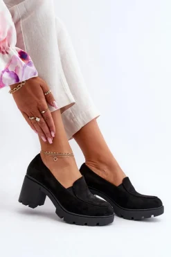 Półbuty Damskie Eko Zamszowe Na Obcasie i Platformie Czarne Arablosa