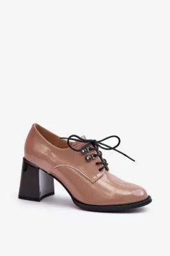 Półbuty Damskie Lakierowane Na Słupku Beżowe Nelione