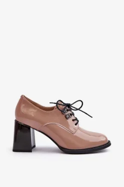 Półbuty Damskie Lakierowane Na Słupku Beżowe Nelione