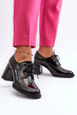 Półbuty Damskie Lakierowane Na Słupku Czarne Nelione