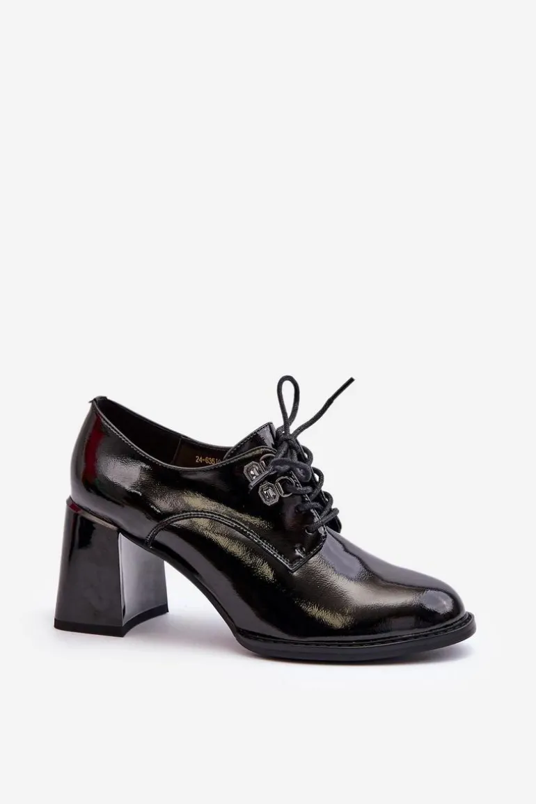 Półbuty Damskie Lakierowane Na Słupku Czarne Nelione