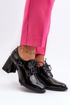 Półbuty Damskie Lakierowane Na Słupku Czarne Nelione