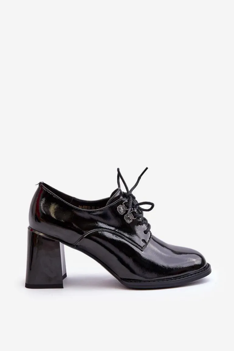 Półbuty Damskie Lakierowane Na Słupku Czarne Nelione