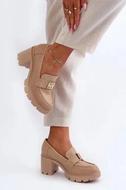 Półbuty Damskie Na Masywnym Obcasie Z Ozdobą Beżowe Ranunca