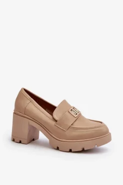 Półbuty Damskie Na Masywnym Obcasie Z Ozdobą Beżowe Ranunca