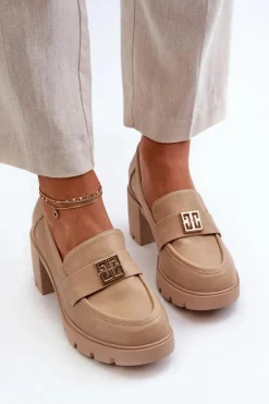 Półbuty Damskie Na Masywnym Obcasie Z Ozdobą Beżowe Ranunca