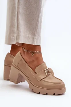 Półbuty Damskie Na Masywnym Obcasie Z Ozdobą Beżowe Ranunca