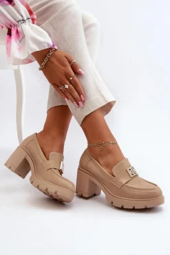 Półbuty Damskie Na Masywnym Obcasie Z Ozdobą Beżowe Ranunca