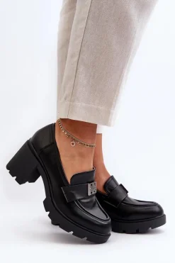 Półbuty Damskie Na Masywnym Obcasie Z Ozdobą Czarne Ranunca