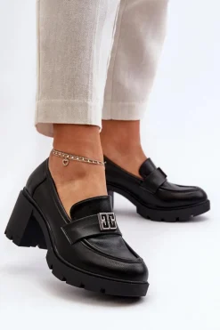 Półbuty Damskie Na Masywnym Obcasie Z Ozdobą Czarne Ranunca