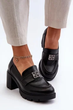 Półbuty Damskie Na Masywnym Obcasie Z Ozdobą Czarne Ranunca