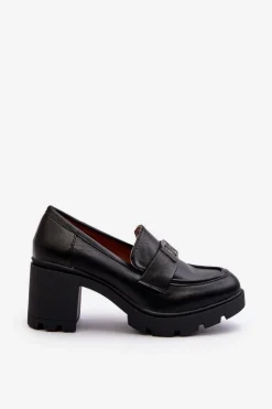 Półbuty Damskie Na Masywnym Obcasie Z Ozdobą Czarne Ranunca