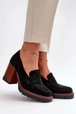 Półbuty Damskie Na Obcasie Słupku Z Eko Zamszu Czarne Vinceza 58105