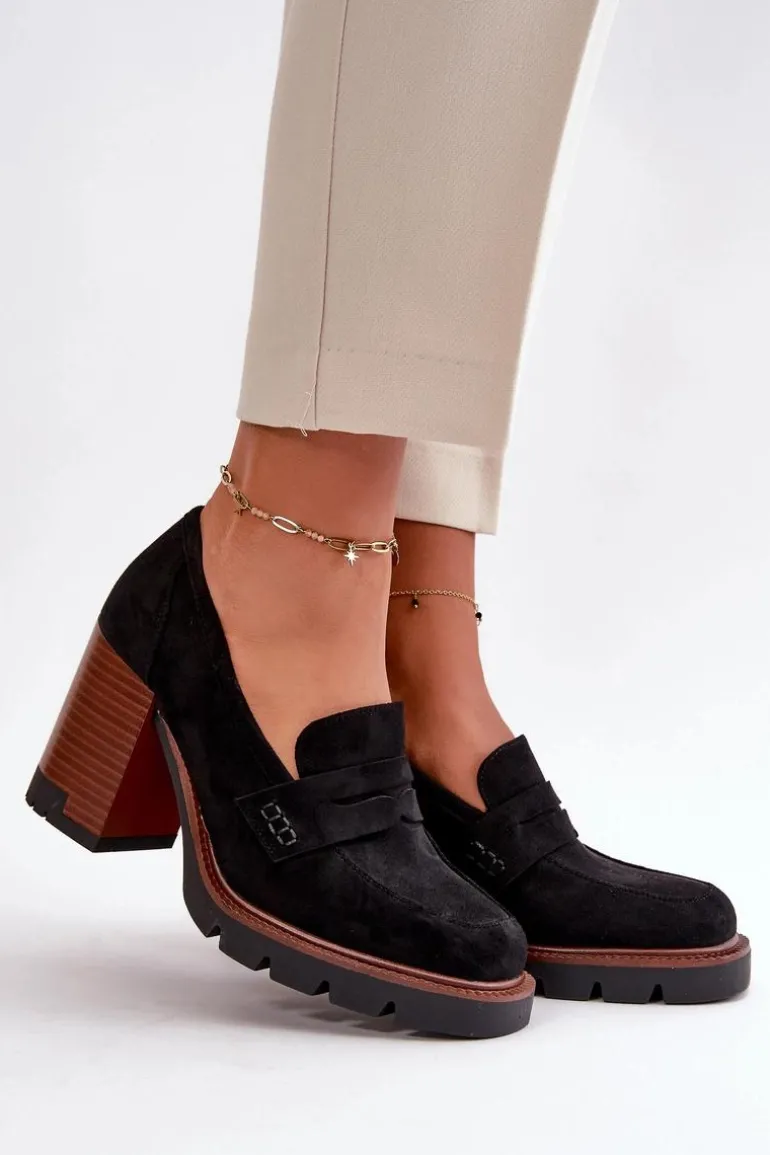 Półbuty Damskie Na Obcasie Słupku Z Eko Zamszu Czarne Vinceza 58105