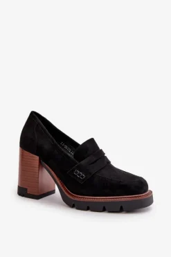 Półbuty Damskie Na Obcasie Słupku Z Eko Zamszu Czarne Vinceza 58105