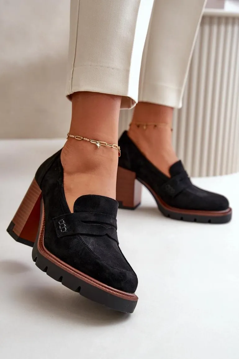 Półbuty Damskie Na Obcasie Słupku Z Eko Zamszu Czarne Vinceza 58105