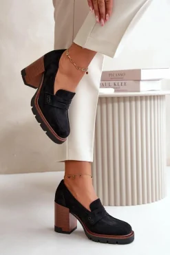 Półbuty Damskie Na Obcasie Słupku Z Eko Zamszu Czarne Vinceza 58105