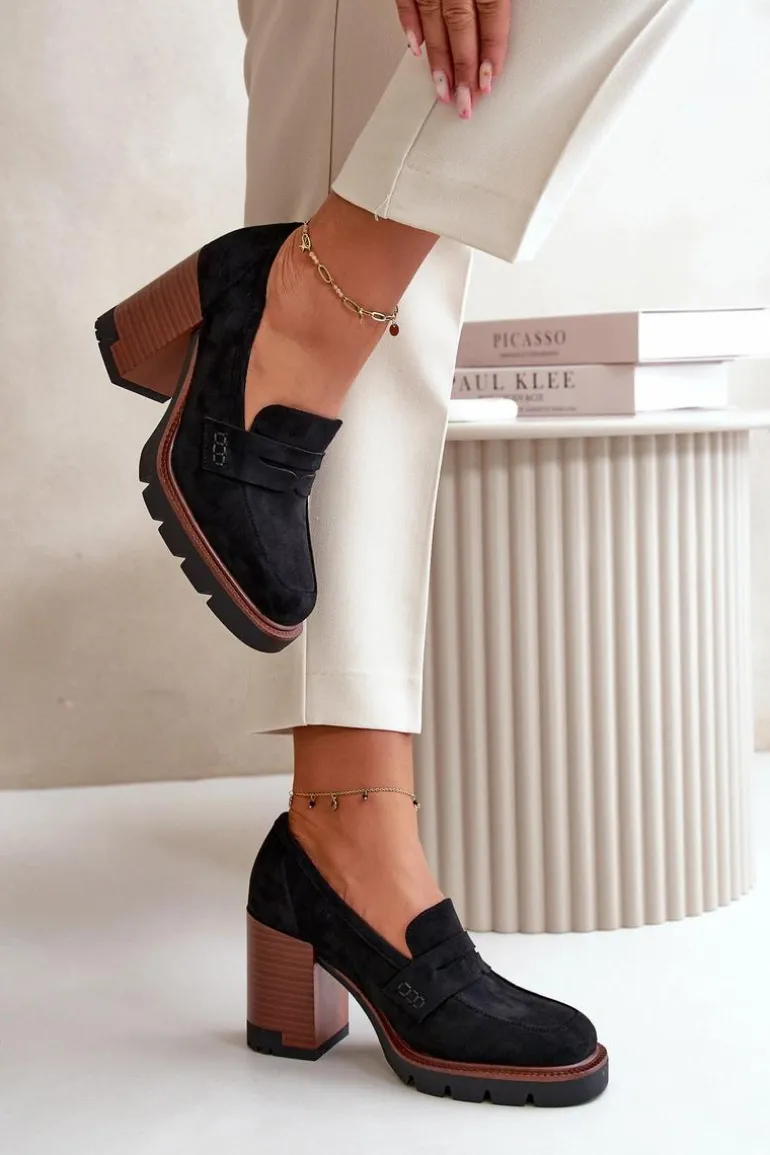 Półbuty Damskie Na Obcasie Słupku Z Eko Zamszu Czarne Vinceza 58105