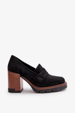 Półbuty Damskie Na Obcasie Słupku Z Eko Zamszu Czarne Vinceza 58105