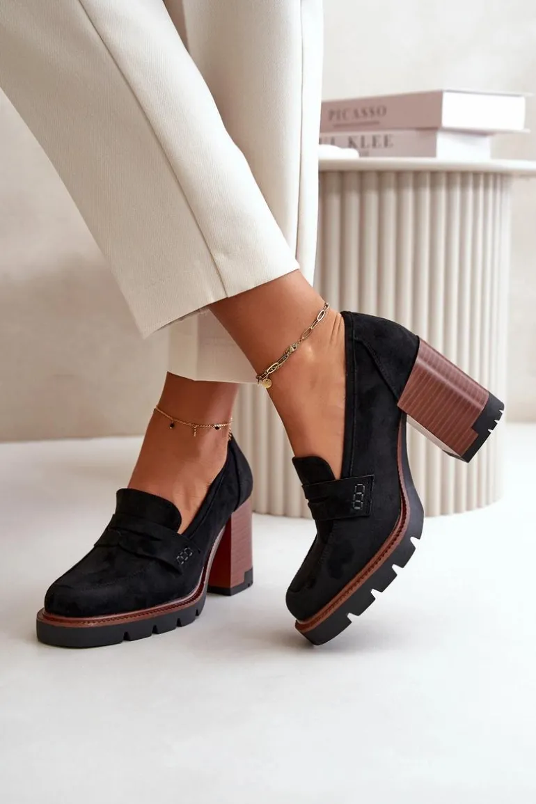 Półbuty Damskie Na Obcasie Słupku Z Eko Zamszu Czarne Vinceza 58105