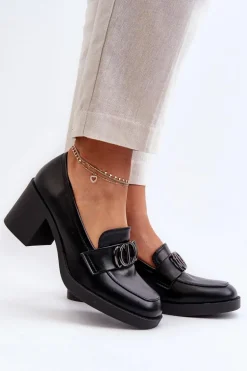 Półbuty Damskie Na Obcasie Z Ozdobą Czarne Nedarea