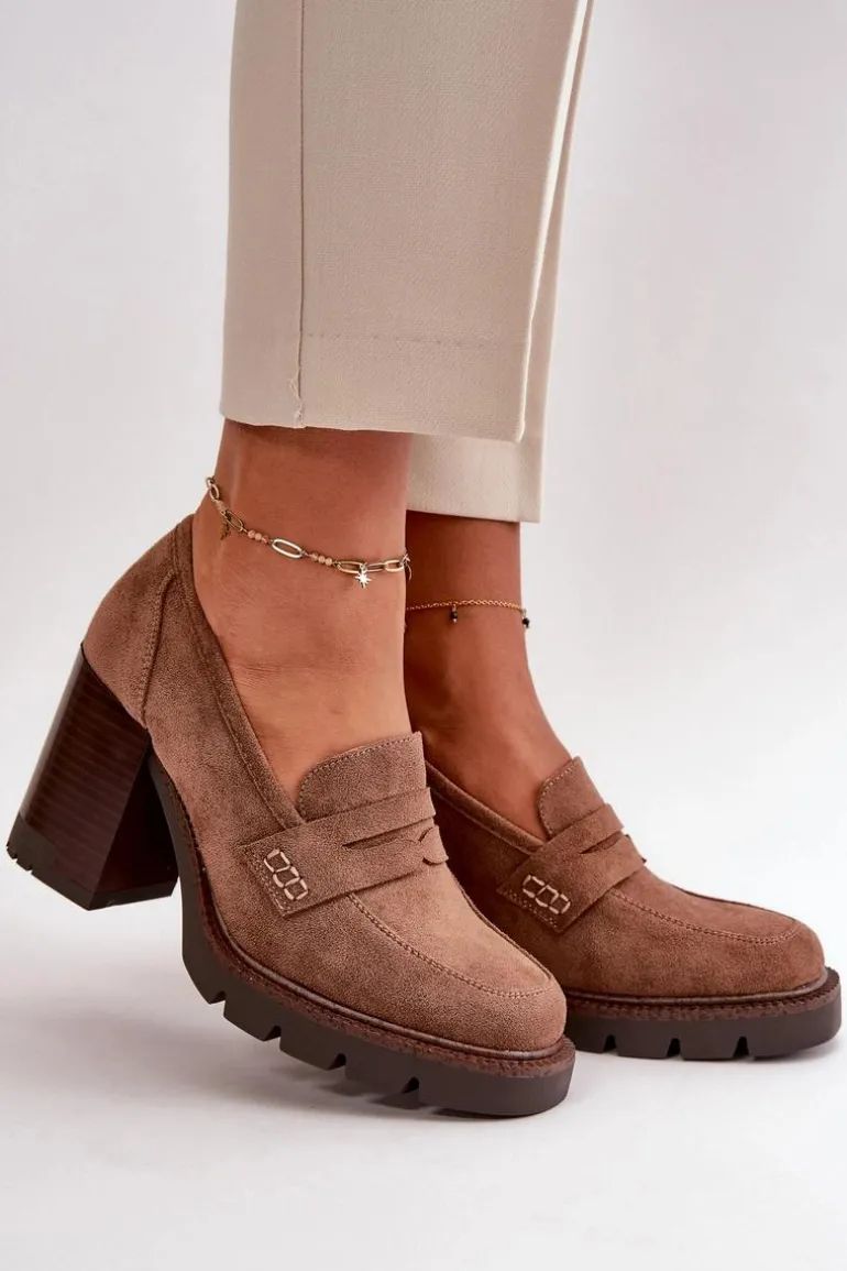 Półbuty Damskie Na Obcasie Słupku Z Eko Zamszu Brązowe Vinceza 58105