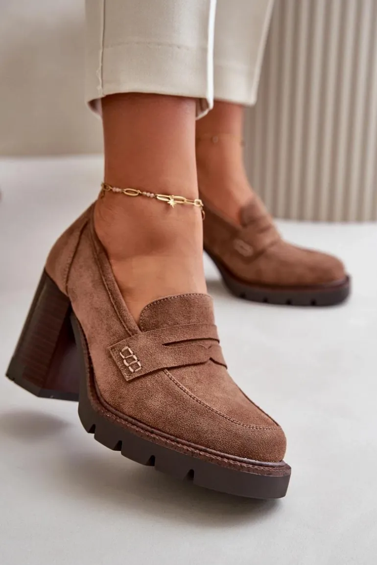 Półbuty Damskie Na Obcasie Słupku Z Eko Zamszu Brązowe Vinceza 58105