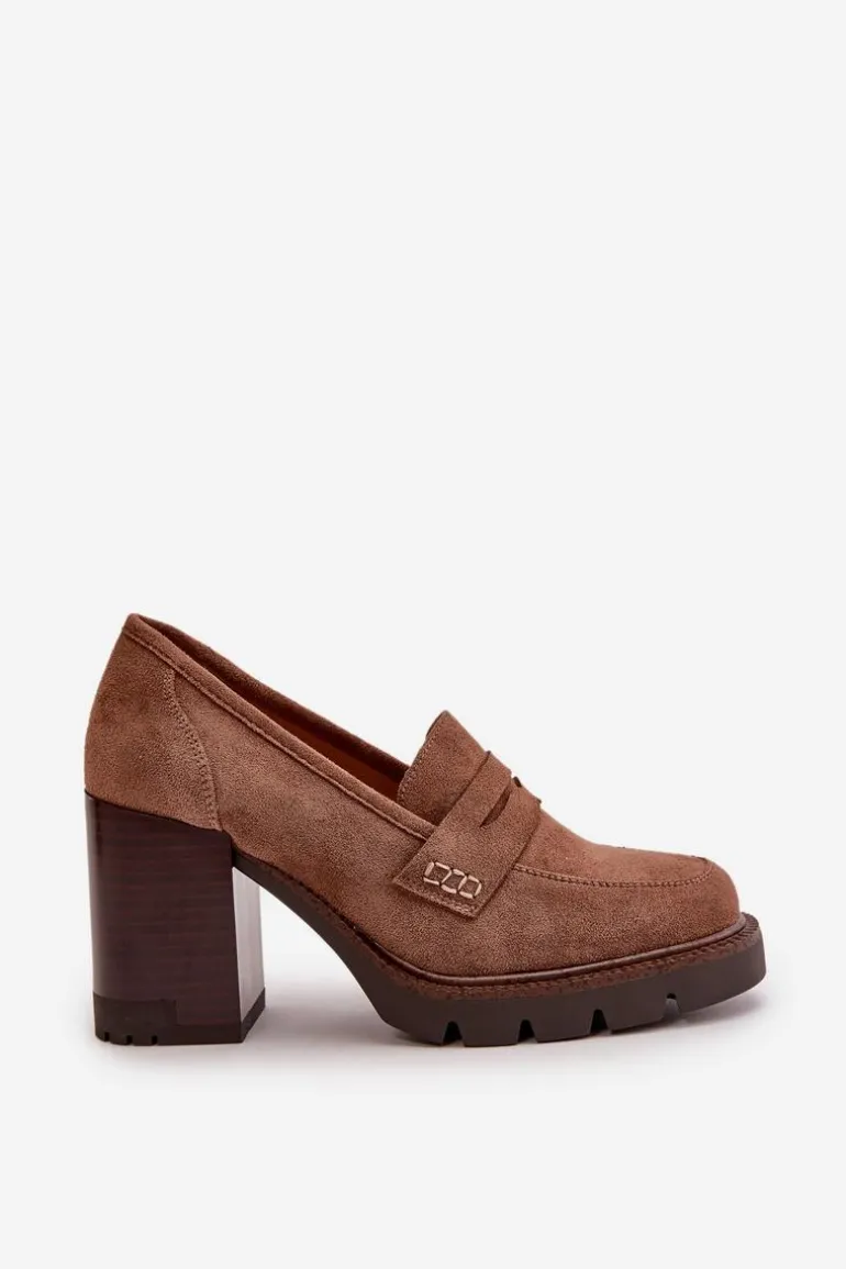 Półbuty Damskie Na Obcasie Słupku Z Eko Zamszu Brązowe Vinceza 58105