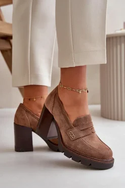 Półbuty Damskie Na Obcasie Słupku Z Eko Zamszu Brązowe Vinceza 58105