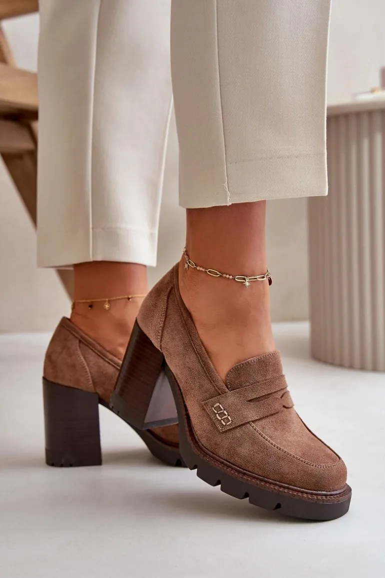 Półbuty Damskie Na Obcasie Słupku Z Eko Zamszu Brązowe Vinceza 58105