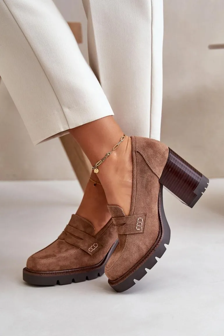 Półbuty Damskie Na Obcasie Słupku Z Eko Zamszu Brązowe Vinceza 58105