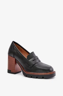 Półbuty Damskie Na Obcasie Słupku Z Eko Skóry Czarne Vinceza 58105