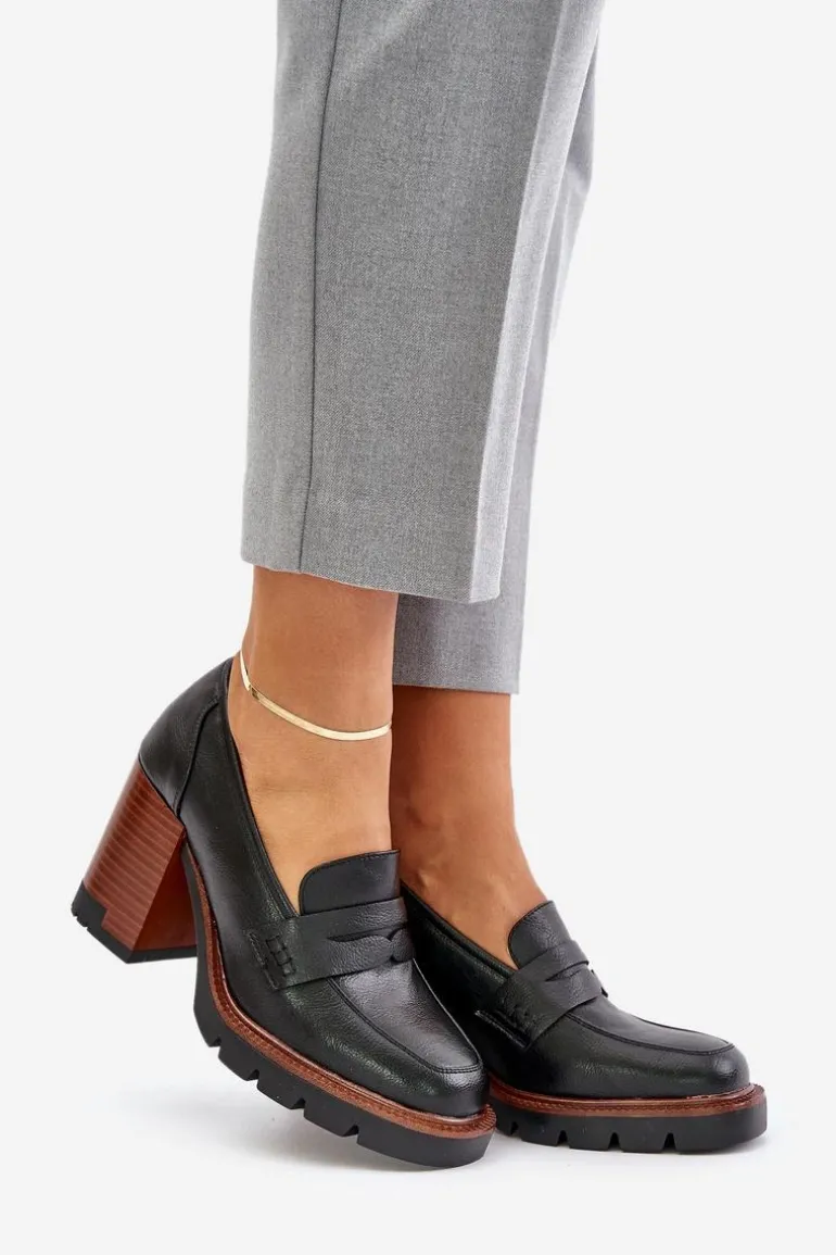 Półbuty Damskie Na Obcasie Słupku Z Eko Skóry Czarne Vinceza 58105